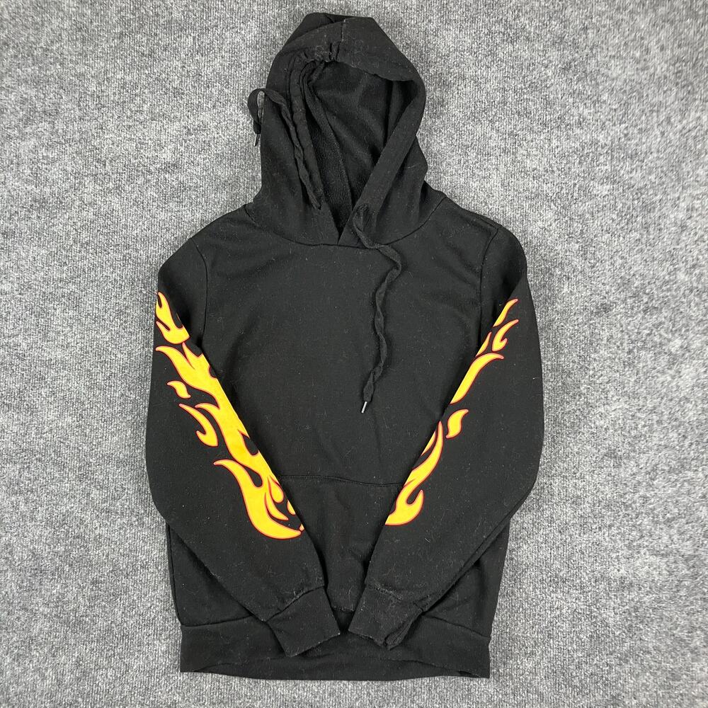 Rue21 Hoodie Womens M Black Flame Sleeve Graphic Pullover Sweatshirt Streetwear‎
